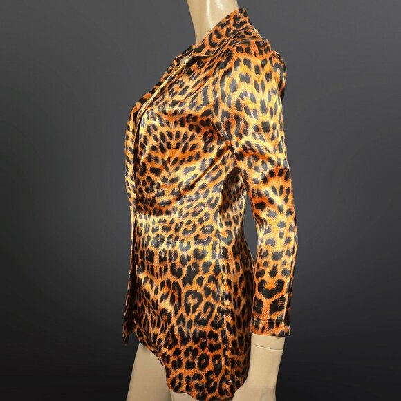 Vintage 90s Satin Leopard Print Blazer Size XS Rocker Punk Emo Grunge Indie - Picture 6 of 12